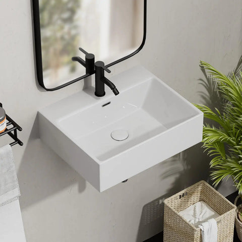 Large White Ceramic Vessel Sink 20x16.5 Inch Wall Mount With Pop Up Drain Kit in modern bathroom setup