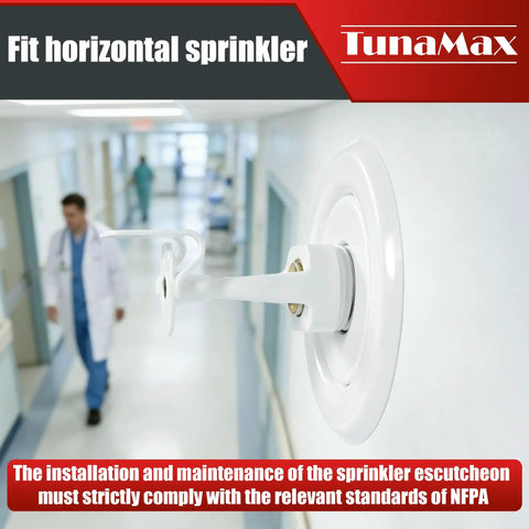 Top Shelf Recessed Trim Rings For 1/2 Inch IPS Fire Sprinklers Featuring A Slick White Finish installed in a hallway.