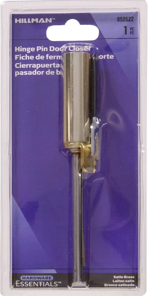 Satin Brass Self Closing Door Hinge Pin Featuring A Built In Spring That Swaps Standard Hinges package view.