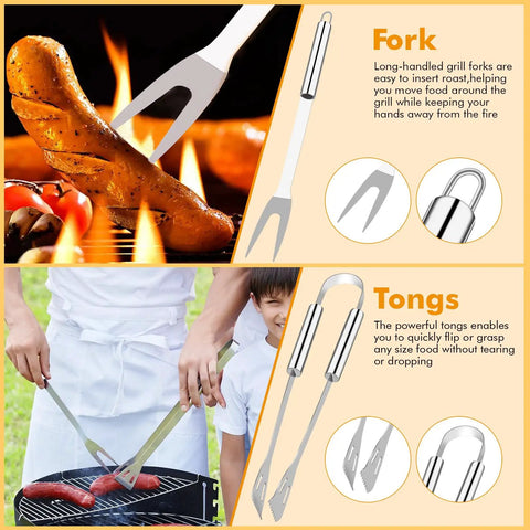 All In One Grill Tools Set 15 Pcs Stainless Steel BBQ Accessories Kit With Portable Carry Bag Includes Tongs and Fork for Grilling