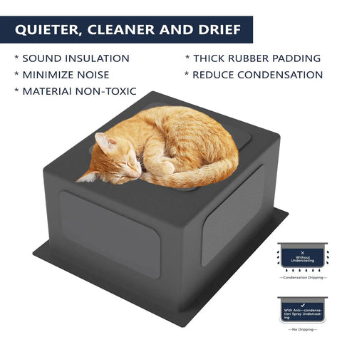 Undermount Wet Bar Sink 15x17 Inch Single Bowl 16 Gauge Stainless Steel Kitchen Prep Sink With Grooved Drain Design Includes Bottom Grid Drain Assembly Cap And Towel Bundle, sound insulation details with a cat on top.
