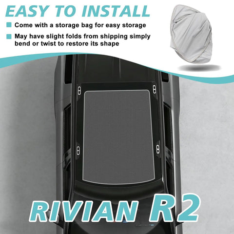 Custom Foldable Roof Sunshade For Rivian R2 Gray Heat Reflective Cover installed on R2 roof, showing its fit and storage bag.