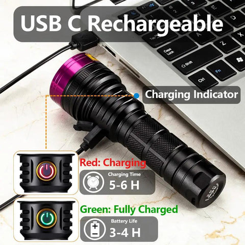 Beast 12W 365nm UV Flashlight USB C Rechargeable Black Light charging with laptop, showing charging indicator lights