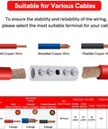Diagram of suitable cable types for 6 Gauge Wire Butt Connectors Kit With Tinned Brass, showing solid, stranded, and flexible copper wire.