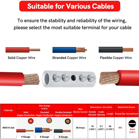 Diagram of suitable cable types for 6 Gauge Wire Butt Connectors Kit With Tinned Brass, showing solid, stranded, and flexible copper wire.