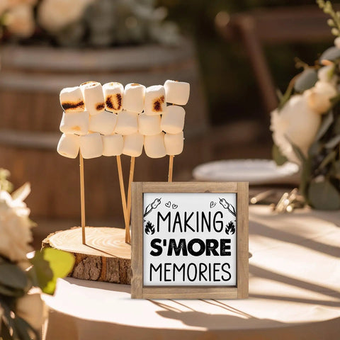 Six Inch Smores Station Sign with toasted marshmallows on wooden platter, outdoor camping decor