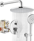 10 Inch Wall Mount Shower Faucet Set With ABS Round Rain Shower Head And Handheld Sprayer, Polish Chrome Finish