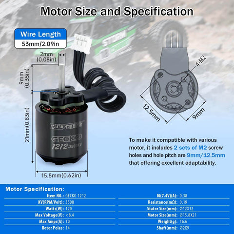 Diagram of Beefy 1212 3500KV Brushless Outrunner Motor with 2mm shaft for tiny RC crawlers, showing size and specifications.