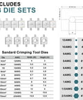 Diagram showing 13 die sets for Beefy Hydraulic Crimping Tool Kit With 13 Dies, 10 Ton Battery Cable Crimper And Wire Rope Crimper.