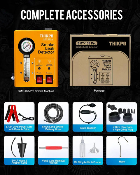 Automotive Smoke Machine With Built In Air Compressor, Pro Level Smoke Leak Detector For Cars with complete accessories displayed.