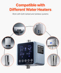 Close-up of Smart Digital Instant Hot Water Recirculating Pump Kit under sink with Thermostat Timer and Auto Shutoff, display showing water settings.