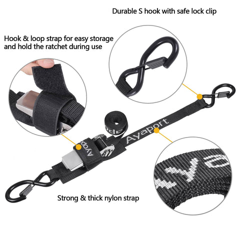 Stainless Steel Ratchet Boat Tie Down Straps For Trailer 5 Feet 2400 Lbs Break Strength, black nylon with hook and loop details