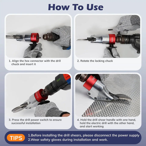 Drill Metal Shear Attachment With 360 Degree Pivoting Head For Cordless Drills shown in step-by-step installation process.