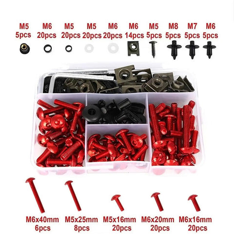 195 Piece Motorcycle Fairing Bolt Kit With Panel Nuts Blue Stainless Steel Slick All In One Screw Set For Z750 Z1000 ZZR600 Body Panels Washers Nuts And Mounting Screws Heavy Duty Replacement Kit, red bolts and assorted fasteners in organizer