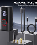 Cordless Tire Inflator With Digital Pressure Gauge, Multi-Tip Attachments, and Charging Cable Displayed on Podium