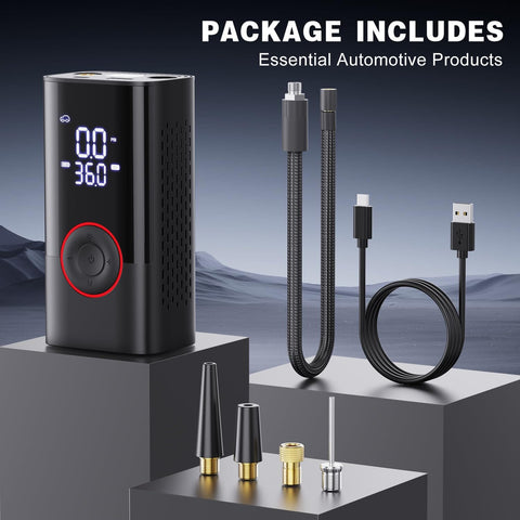 Cordless Tire Inflator With Digital Pressure Gauge, Multi-Tip Attachments, and Charging Cable Displayed on Podium