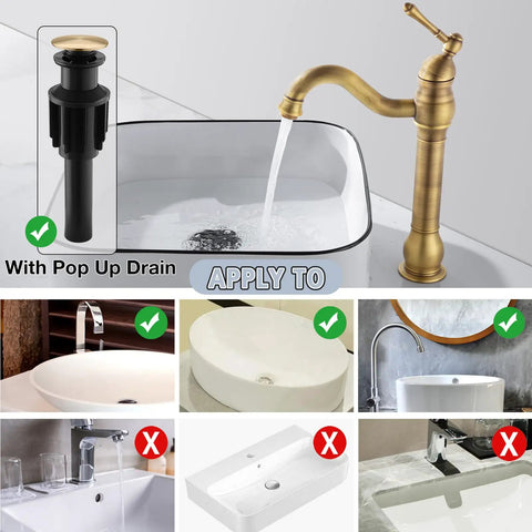 Antique Brass Vessel Sink Faucet With 360 Degree Swivel Spout Tall Brushed Brass Lavatory Vanity Mixer Single Handle Hot Cold Water No Splash Filtered Bubbler Pop Up Drain Deck Mount