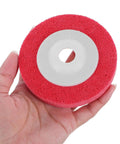 Nylon Buffing And Polishing Wheels For Plastic And Wood With Efficient High Speed Grinding Non-Woven Abrasive Discs For Auto Maintenance At Home, red wheel in hand.