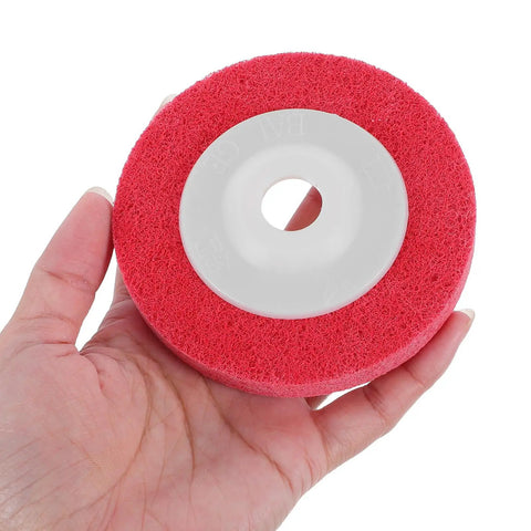 Nylon Buffing And Polishing Wheels For Plastic And Wood With Efficient High Speed Grinding Non-Woven Abrasive Discs For Auto Maintenance At Home, red wheel in hand.