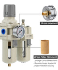 LNCHKA FRL air regulator filter lubricator unit with 0-150 PSI gauge, dual filter bowls, 3/8 NPT brass fittings