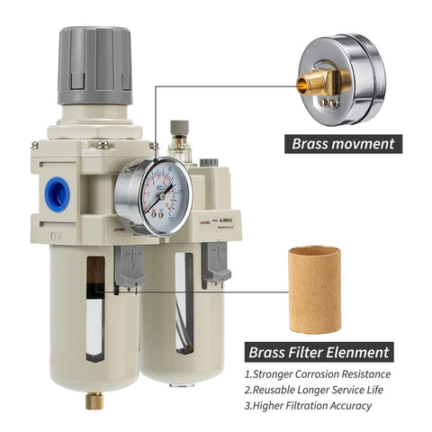 LNCHKA FRL air regulator filter lubricator unit with 0-150 PSI gauge, dual filter bowls, 3/8 NPT brass fittings