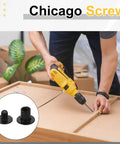 50 Piece Black Chicago Screw Kit M4 X 8mm Precision Carbon Steel Phillips Binding Hardware in use for DIY assembly.