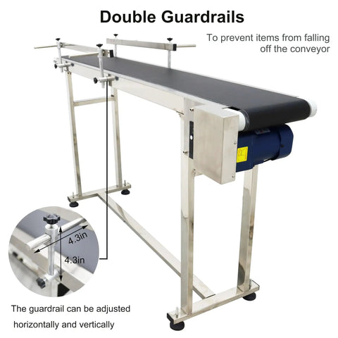 Industrial PVC Flat Belt Conveyor with stainless steel frame, double guardrails, adjustable speed, 59in long, 60W motor