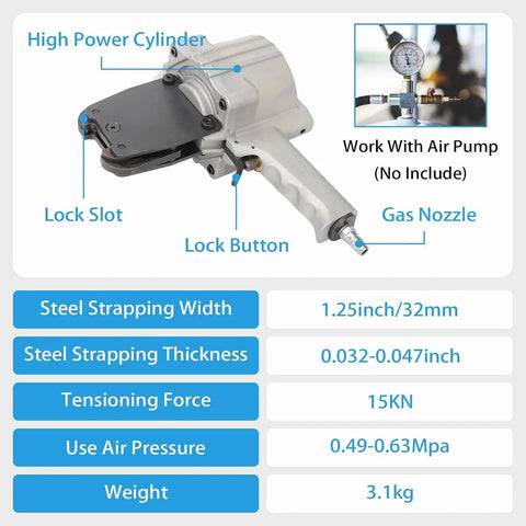 Heavy Duty Pneumatic Steel Strapping Machine Tool 19mm Metal Sealer Tensioner And Cutter detail image with high power cylinder and gas nozzle.