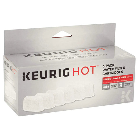 Two Packs Of Six Water Filter Cartridges For Your Morning Coffee Makers To Improve Taste And Keep It Fresh Easy To Install Water Filter Accessory Includes Twelve Filters In A Yellow Retail Box visible on packaging.