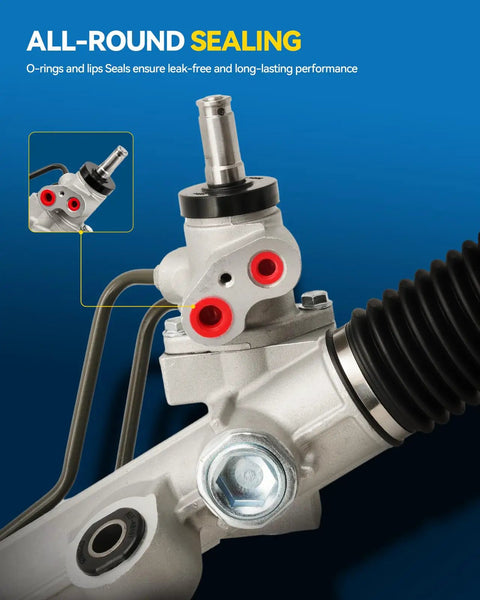 Close-up of hydraulic power rack and pinion steering assembly with sealing details for Dodge Durango 2004-2009 and Chrysler Aspen 2007-2009