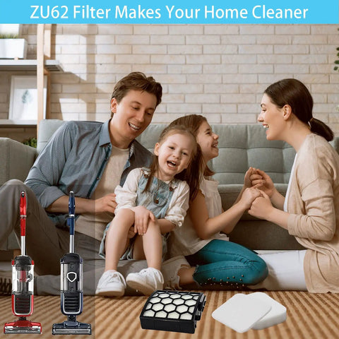 Family enjoying clean home with Must Have Replacement Vacuum Filter Kit For Shark ZU62 ZU60, vacuum and filters pictured.
