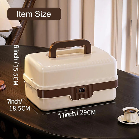Front view of cream and brown three layer plastic tackle box organizer with locking dividers, handle visible.