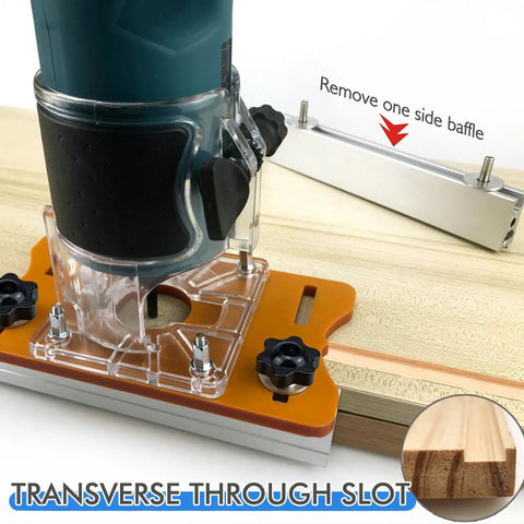 Top Tier Aluminum Wood Trimmer Router Base With Adjustable Slotting Bracket Drops Right In For Butter Smooth Routing And Reliable Cuts On Lumber Fits 65 Mm Bore Accepts 6 To 56 Mm Shafts mounted on wood with baffle removal indicator
