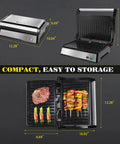 Aigostar 1200W Panini Press Sandwich Maker With Ceramic Non Stick Plates Opens 180 Degrees For Indoor Grilling Silver with food.