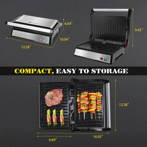 Aigostar 1200W Panini Press Sandwich Maker With Ceramic Non Stick Plates Opens 180 Degrees For Indoor Grilling Silver with food.