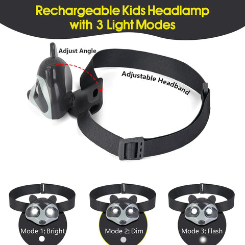 Adjustable rechargeable kids headlamp with 3 light modes for camping and sleepovers, part of Kids Lantern And Headlamp Set 2 In 1 Rechargeable 360 Degree LED Tent Night Light For Toddlers Cute Raccoon Camping Gear For Outdoor Adventures And Sleepovers Gift.