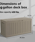 Dimensions of 90 Gallon Resin Deck Box With Locking Lid For Outdoor Storage Of Furniture Cushions Tools And Gear Waterproof Patio Organizer.