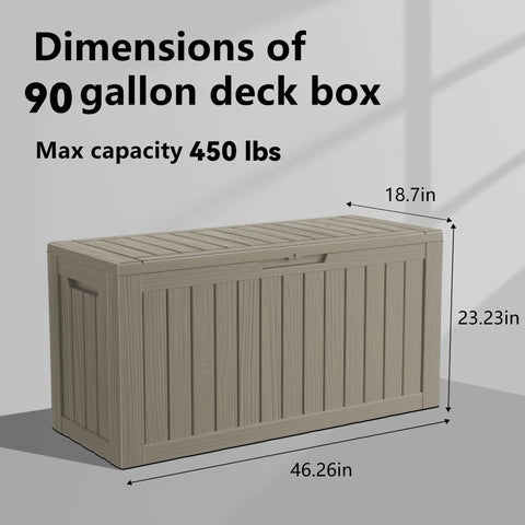 Dimensions of 90 Gallon Resin Deck Box With Locking Lid For Outdoor Storage Of Furniture Cushions Tools And Gear Waterproof Patio Organizer.