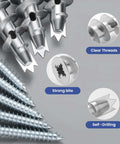 Close-up of Self Drilling Drywall Anchors Kit with 110 pieces, showcasing hollow zinc sheetrock anchors with clear threads and strong bite.