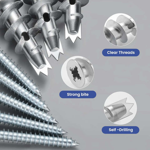 Close-up of Self Drilling Drywall Anchors Kit with 110 pieces, showcasing hollow zinc sheetrock anchors with clear threads and strong bite.