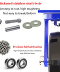 Parts of 4 Pack Heavy Hitter Industrial Casters Featuring Dense Rubber Swivel Wheels including stainless steel rivets and ball bearings.