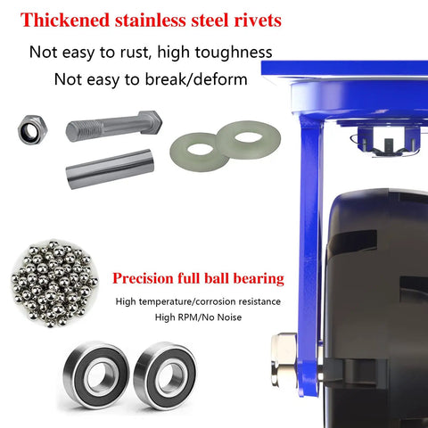 Parts of 4 Pack Heavy Hitter Industrial Casters Featuring Dense Rubber Swivel Wheels including stainless steel rivets and ball bearings.
