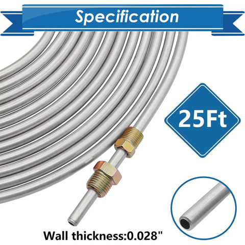 One Quarter Inch Twenty Five Foot Brake Line Tubing Kit Flexible Zinc Coated Alloy Coil With Sixteen Inverted Flare Fittings