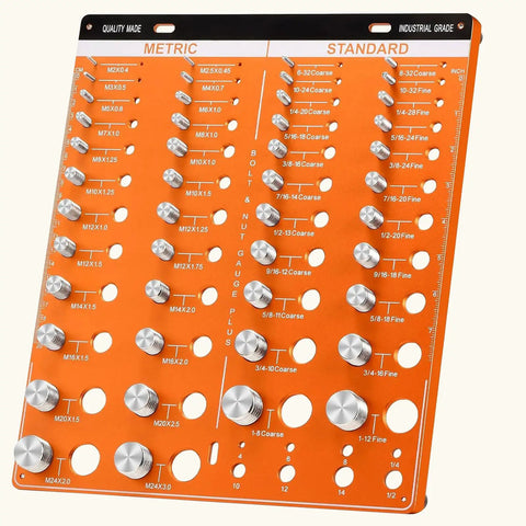 Dual SAE And Metric Nut And Bolt Thread Gauge Set For Quick No Fuss Precision Identification Of 22 Standard Threads And 24 Metric Threads With Eight Drill Bit Gauges, orange gauge plate with labeled sizes and silver knobs