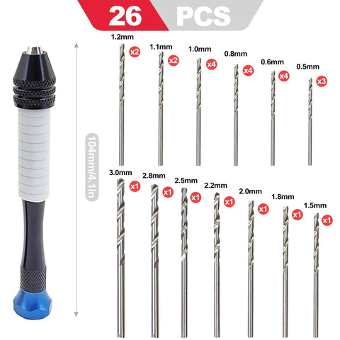 Dead On Precision Pin Vise Hand Drill Kit Featuring Ridiculously Sharp Micro Drill Bits And 1mm Mini Set, 26-piece set with various drill bit sizes.