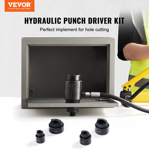 Heavy Duty Hydraulic Knockout Punch Kit 4 Piece Set For 1/2, 3/4, 1 And 1-1/4 Inch Conduit Holes shown with hydraulic driver kit