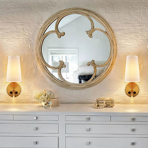 Set Of Two Modern Brass Gold Wall Sconces With Fabric Shade And USB Rechargeable Lights, Switch-Operated Wall Lamps