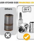 Comparison of a rusted socket with a premium chrome CR-V socket from 46 Piece 1/4 Inch Ratchet Socket Set With Quick Release Ratchet Extension Bar And Storage Case Premium Metric Sockets From 4 To 14MM Built For Auto Repair Home Projects And DIY Fixes, highlighting laser-etched size markings.