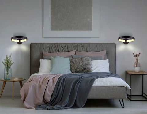 Bedroom with 12.25 Inch Black Dimmable Integrated LED Wall Sconce For Living Room Bedroom Hallway Sleek Modern Metal Fixture Minimalist Halo Lamp Hardwired ETL Listed With Flicker Free Soft White Light And Easy Long Life on each side of bed