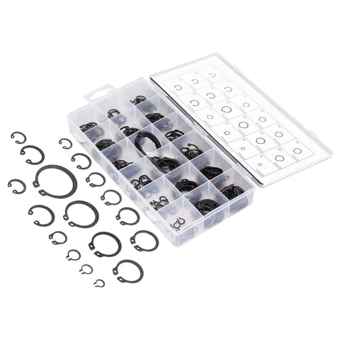 225Pcs C Clip Circlip Snap Ring Set For Machinery And Vehicles Retaining Fasteners Hardware Kit In Alloy Steel Rubber Black Finish Fits Grooves 6mm To 32mm Range with assorted rings in a plastic organizer box.